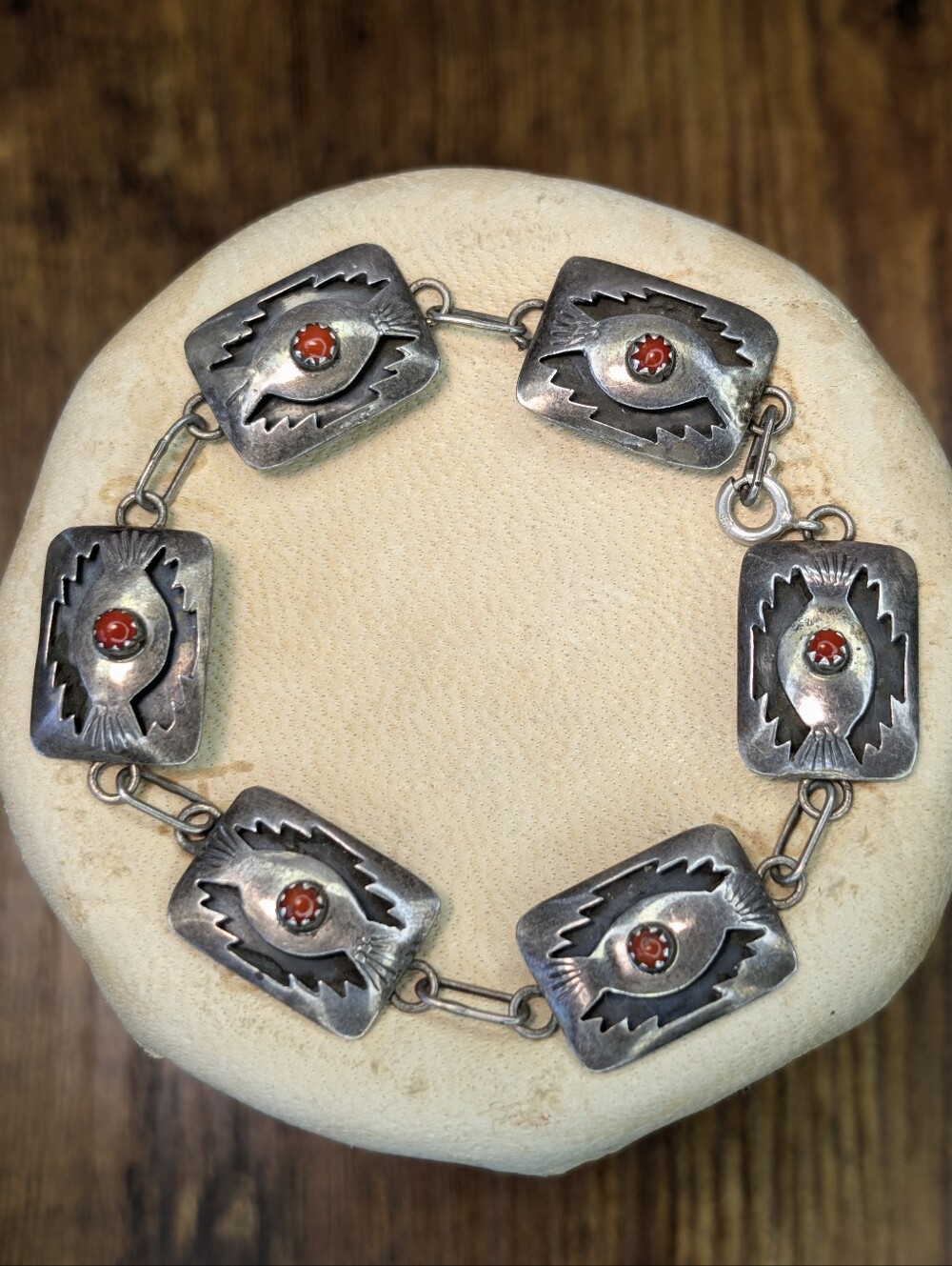 Vintage Shadow Box Sterling Silver and Red Coral Link Bracelet